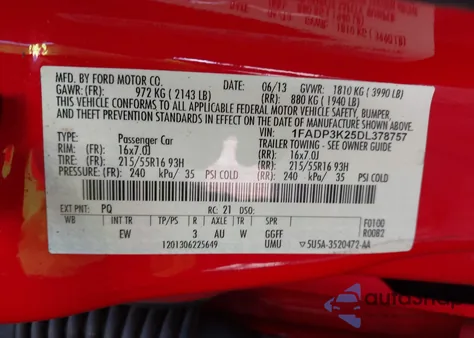 2013 Ford Focus Se z USA, uszkodzony, nr VIN 1FADP3K25DL378757